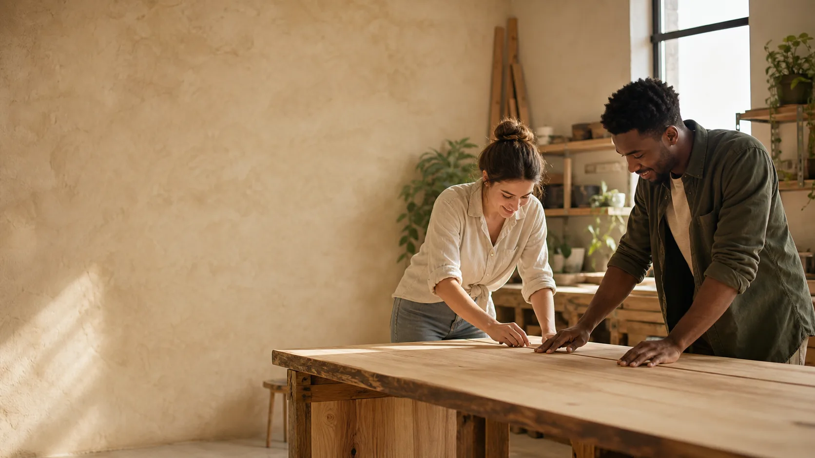 Two people building a project together in a workshop